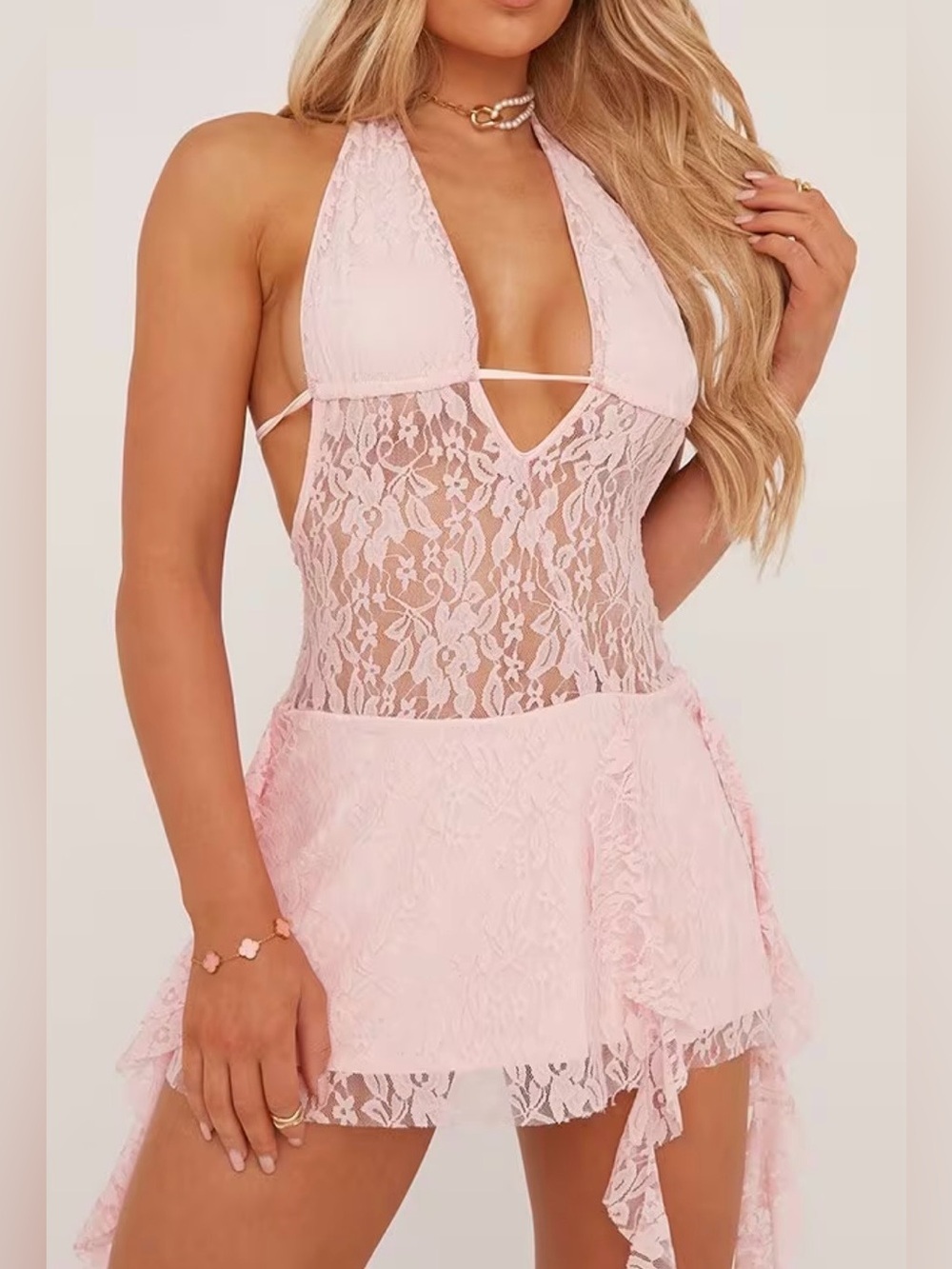 I.AM.GIA Pale Pink Lace Halter Mini dress